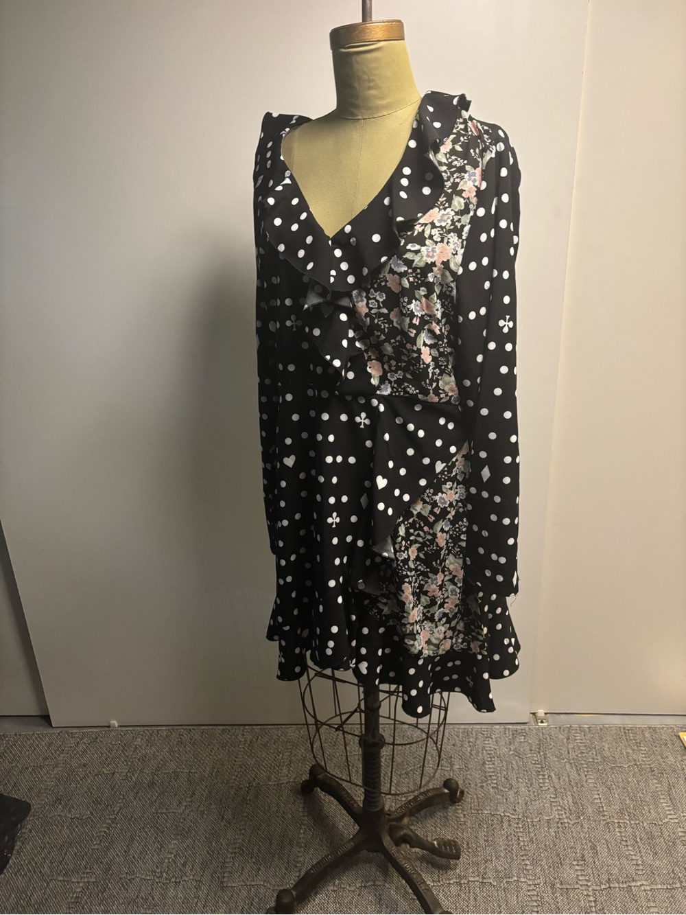 Black Polka Dot & Floral Ruffle V-Neck Dress